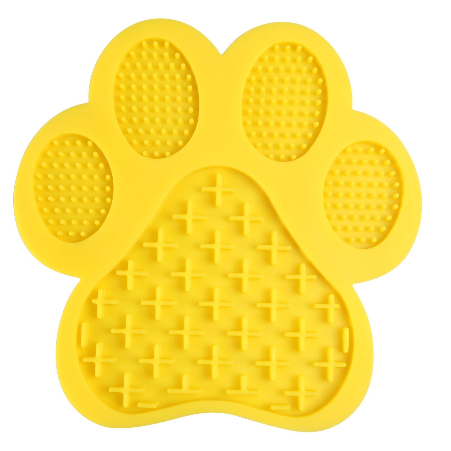 Yellow paw-shaped silicone bath lick pad