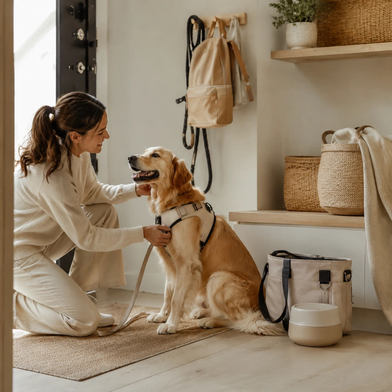 Dog and owner preparing for a daily routine