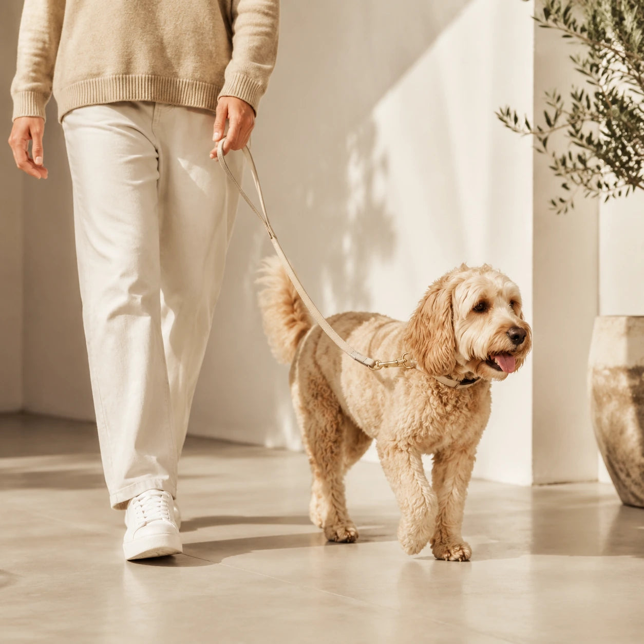 Calm dog walking comfortably