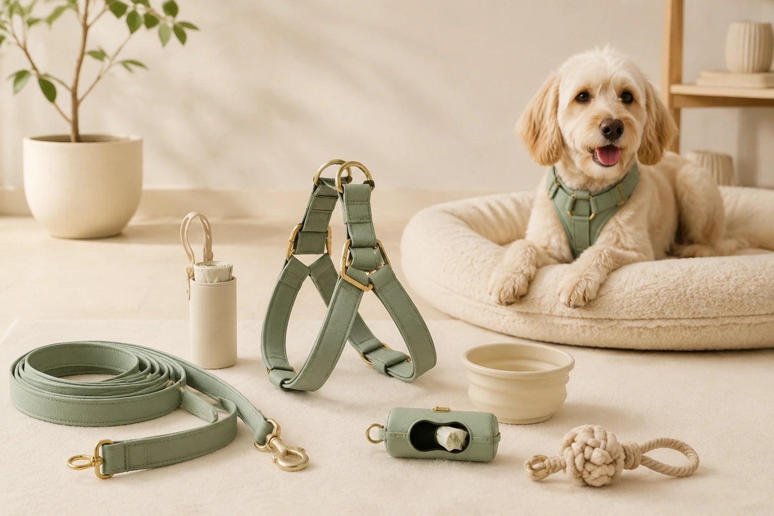 Coordinated daily walk pet essentials set