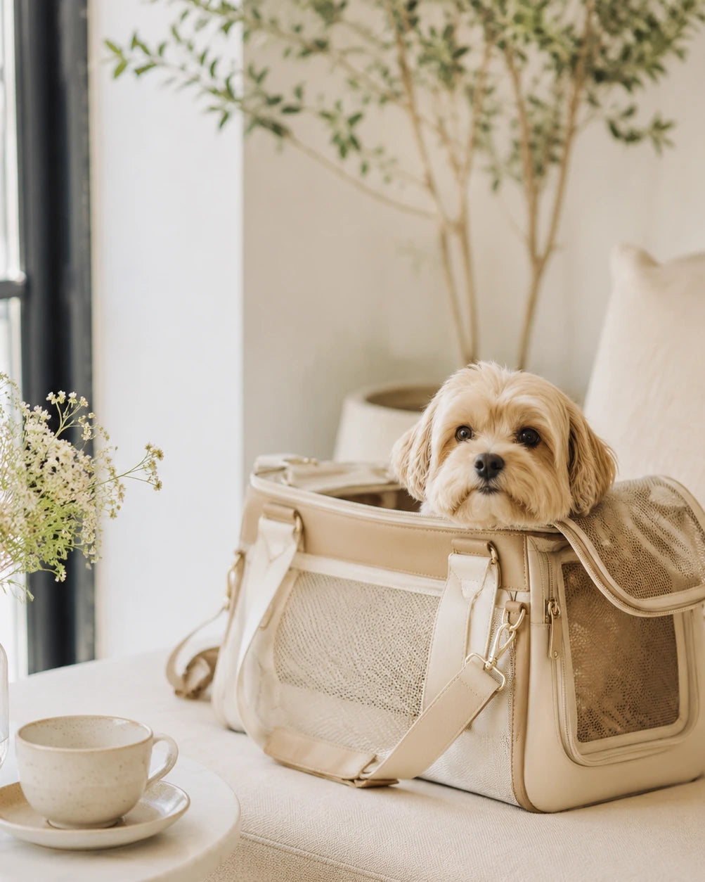 Small dog sitting in a modern pet carrier