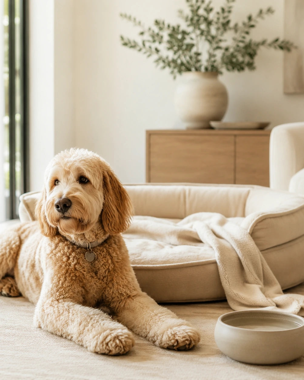 Relaxed dog resting in a modern home