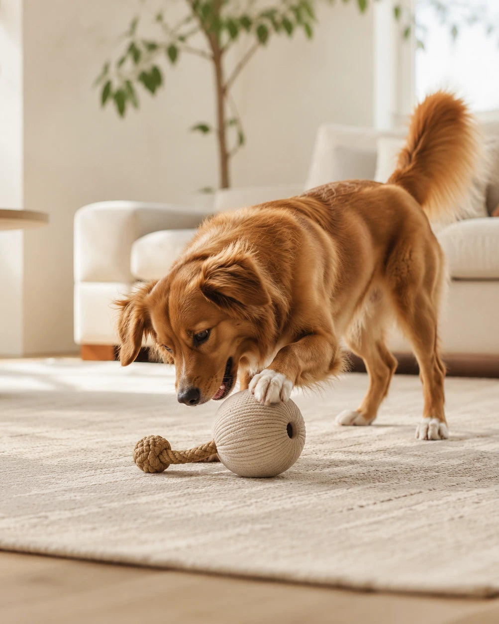 Dog playing indoors with a modern pet toy