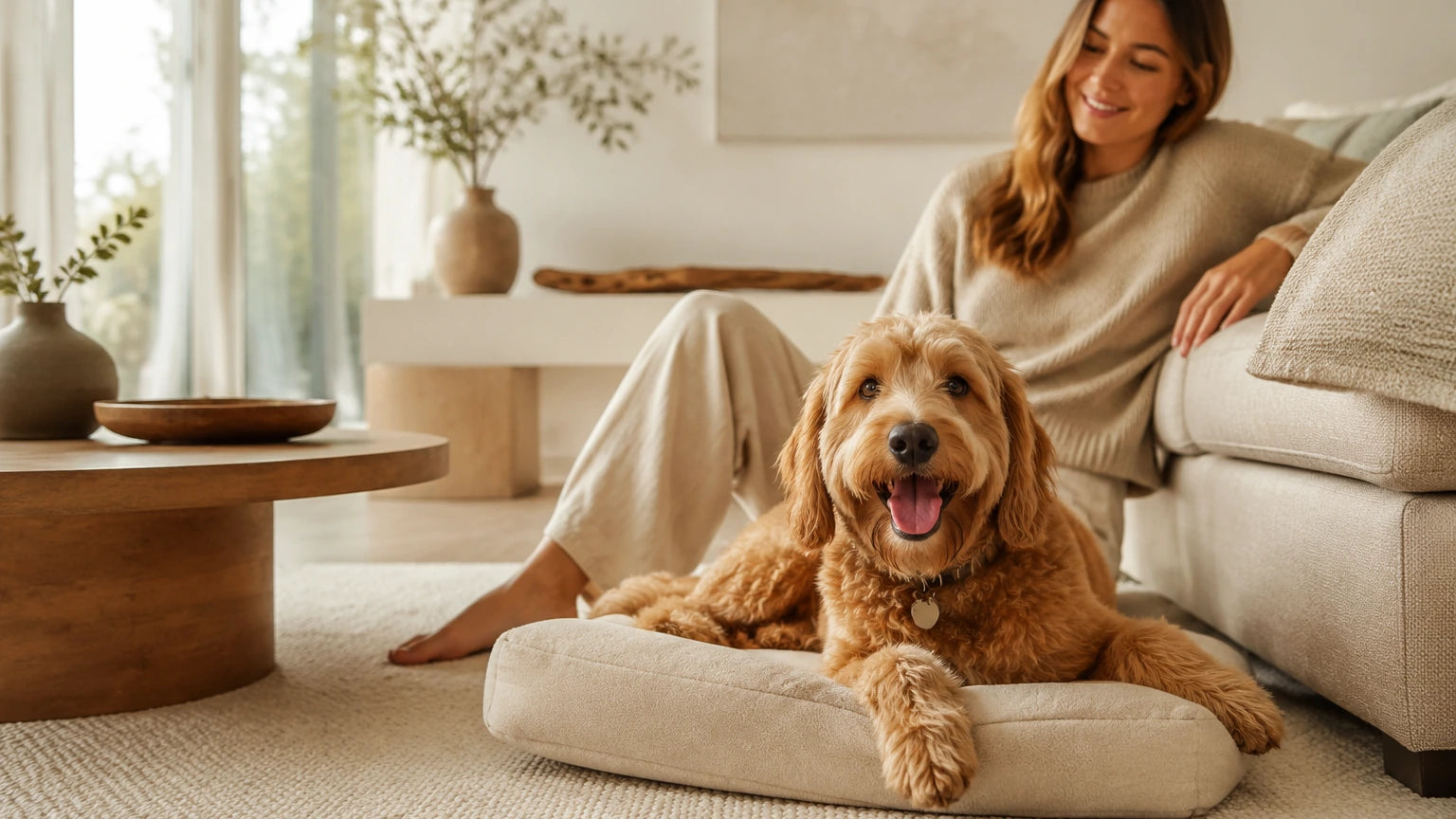 Happy dog and owner in a warm modern home